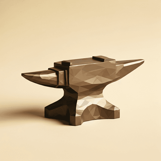 Low-poly bronze anvil sculpture on parchment background